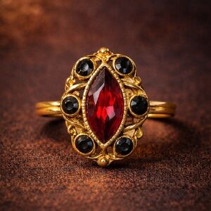 Vintage Sara Coventry Marquise Red Stone & Black Accent Adjustable Ring
